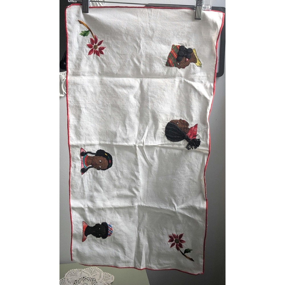 Vintage Embroidered Black Women Table Runner Folk Art Textile 15x26